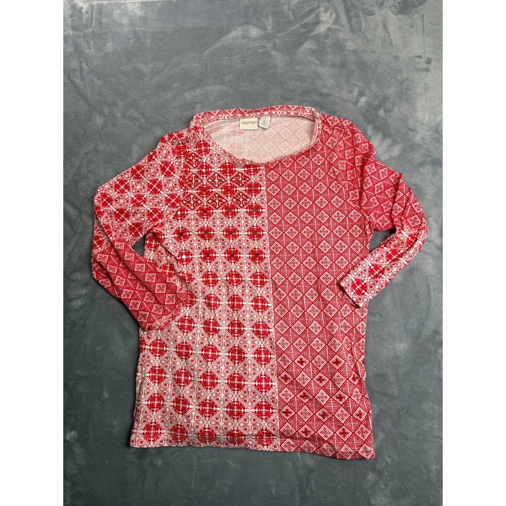 Zenergy By Chico's Blouse Top Womens 1 Red Abstract Print Rhinestone Accent